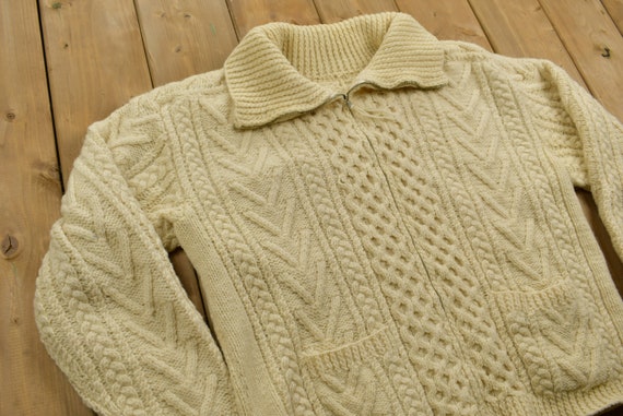 Vintage 1960s Cream Colored Full Zip Knit Sweater… - image 1