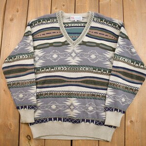 Vintage 1980s Shiquelu 3D Knitted V Neck Sweater / 3D Knit / Abstract / 80s Sweater / Aztec Pattern / Earth Tones