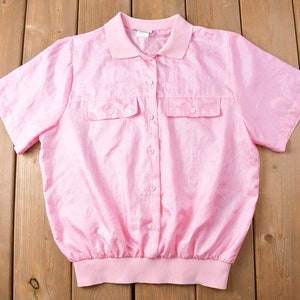 Vintage 1980s Alicia Polyester Button Up Polo Shirt / 3 Quarter Button / Pink / Abstract Pattern / Casual Shirt / Formal Shirt / 80s Shirt