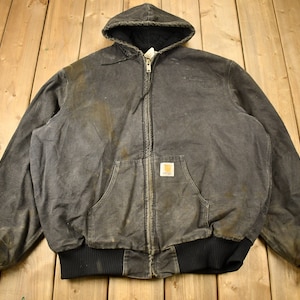 Vintage 1980s Distressed Carhartt Hooded Work Jacket / Workwear / Streetwear / Made In USA / Quilt Lined Jacket / Distressed Carhartt