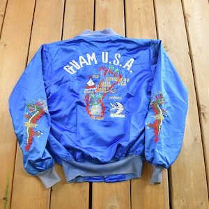 Vintage 1970s Guam USA Korean Sukajan Bomber Jacket / Satin Bomber / Souvenir Jacket / Embroidered Dragons