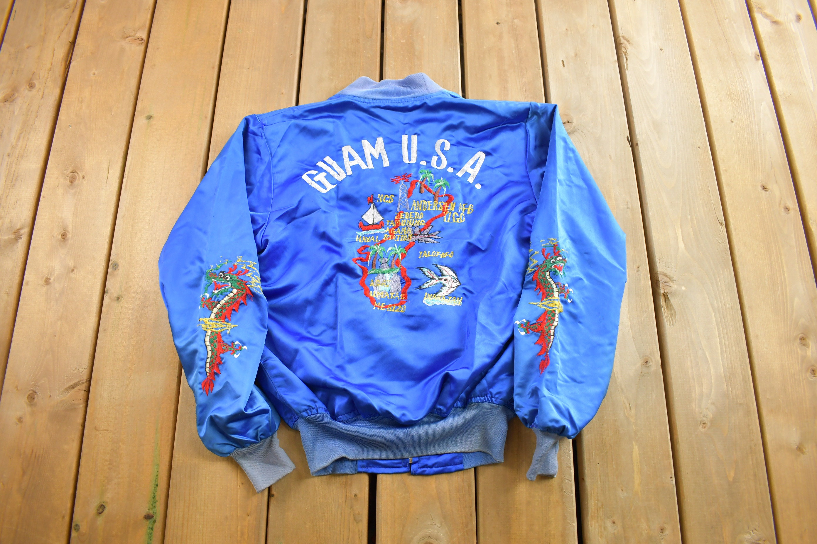 Vintage 1970s Guam USA Korean Sukajan Bomber Jacket / Satin Vintage 1970s Guam USA Korean Sukajan Bomber Jacket / Satin