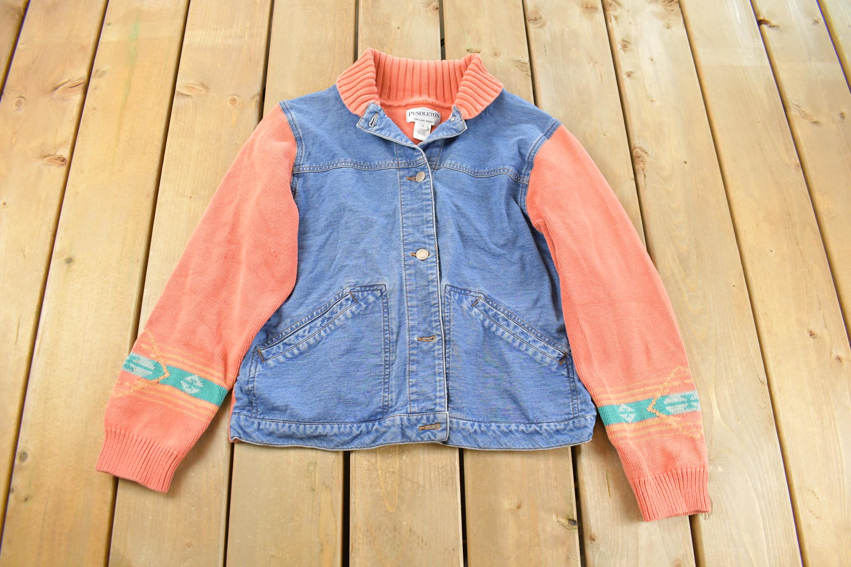 90s【PENDLETON】短丈 カーディガン レトロ RRL キャピタル レア Vintage 1990s Pendleton Denim Knit Aztec Cardigan Sweater Youth L