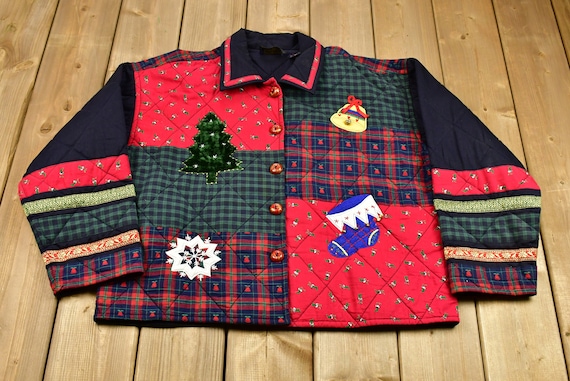 Vintage 1990s Christmas Graphic Patchwork Color B… - image 1