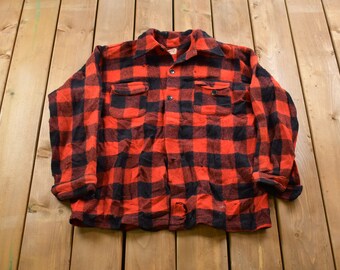 Vintage 1950s Buffalo Plaid Wool Button Up Shirt Back Vent / Vintage Flannel / Plaid Flannel / Casual Shirt / Formal Shirt