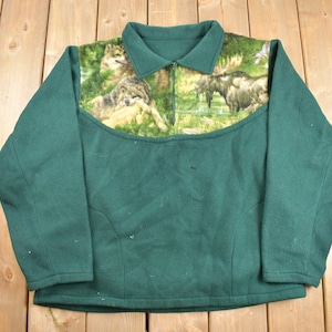 Vintage 1990s Nature Quarter Zip Fleece Sweater / Sportswear / 90s Quarter Zip Fleece / Streetwear / Athleisure / Hiking / Bears / Moose