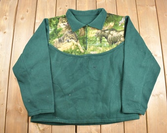 Suéter polar vintage de los años 90 con cremallera de un cuarto y estampado de naturaleza / Ropa deportiva / Forro polar de los 90 con cremallera de un cuarto / Ropa urbana / Athleisure / Senderismo / Osos / Alces