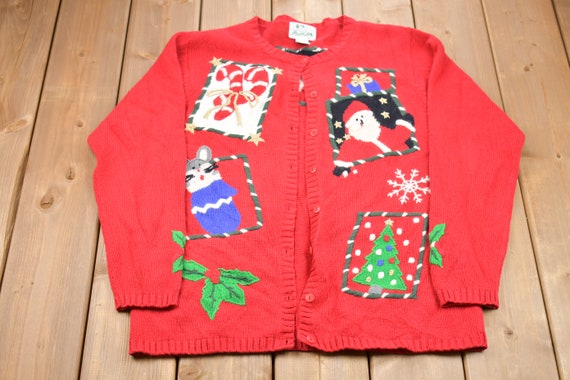 Vintage 1980s The Quacker Factory Knit Christmas Sweater / 80s Holiday Cardigan / Winter Wear / Festive Graphic Print / Embroidered