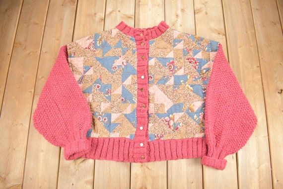 Vintage 1980s Quilted Floral Pattern Knit Cardiga… - image 1