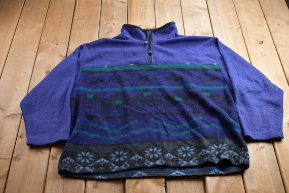 Vintage 1990s Patterned Fleece Quarter Zip Sweater / Outdoorsman