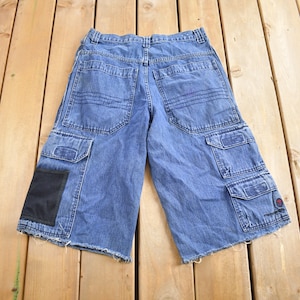 Vintage 1990s Request Baggy Denim Cargo Shorts Size 34 / Baggy Shorts / Jean Shorts / Embroidered/ Jorts