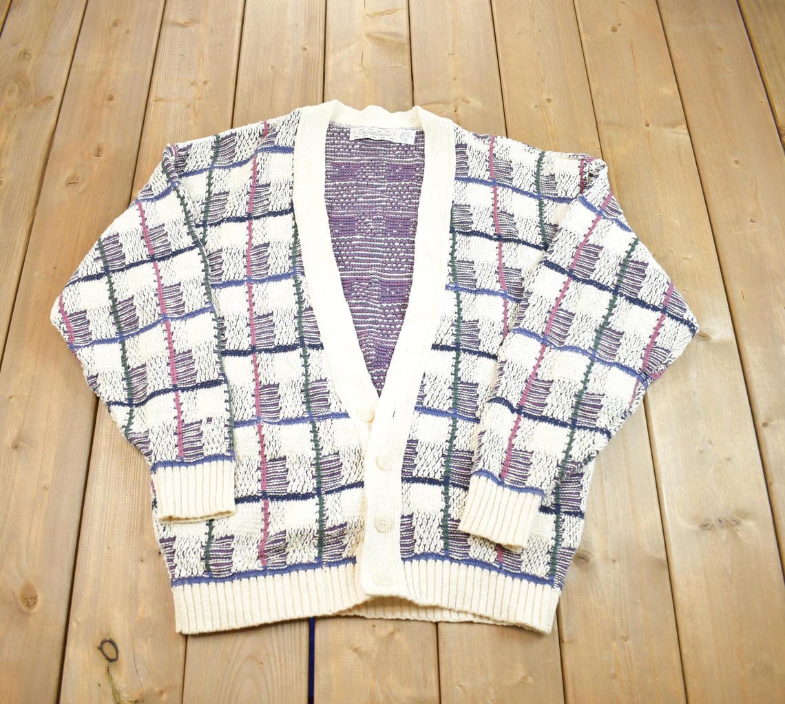 Vintage 1990s Crossings Knit Abstract Pattern Cardigan Sweater Made In USA, foto 1 di 5