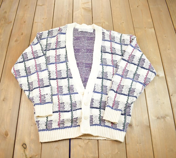 Vintage 1990s Crossings Knit Abstract Pattern Cardigan Sweater Made In USA