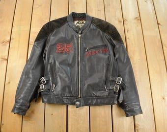 Giacca in pelle da corsa Avirex vintage anni '90 da uomo, taglia piccola / Giacca Avirex / Patchwork / Giacca universitaria / Motociclista