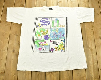 Camiseta vintage masculina dos anos 90 com estampa "Summer" - tamanho 3XL / Oversized / Estilo anos 90 / Moda Streetwear / Roupa de Verão / Camiseta para Férias / Viagens e Turismo