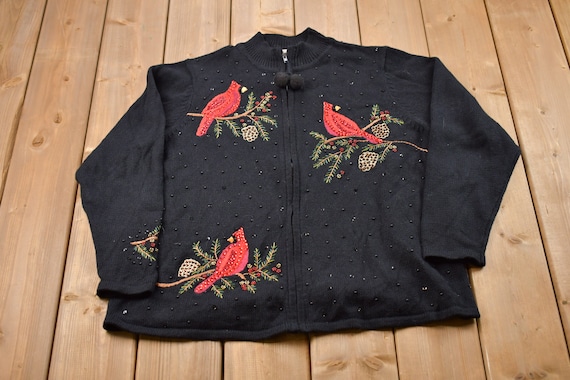 Vintage 1990 Embroidered Bird Knitted Sweater / Vintage 90s Zip up 