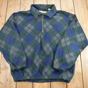 Vintage 1990s M.E Sport Quarter Zip Argyle Plaid Fleece Sweater / Sportswear / 90s Sweater / Streetwear / Athleisure / Hiking