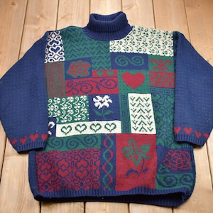 Vintage 1990s Private Eyes Made In USA Knitted Mock Neck Sweater Patchwork Knitting / Vintage 90s Crewneck / Christmas / Hand Knit