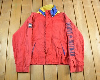 Vintage 1990s Tommy Hilfiger Sleeve Spell Out Windbreaker Jacket Men's Large / Zip Up Jacket / 90s Hilfiger / Streetwear