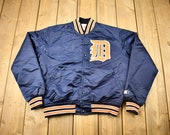 Vintage 1980s Detroit Tigers MLB Satin Bomber Jacket Snap Button Athleisure Starter Jacket Embroidered Patchwork Streetwear