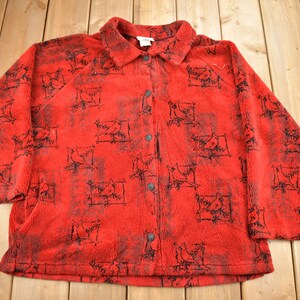 Vintage 1990s Red Cardinal Theme Fleece Sweater / Outdoorsman / 90s Sweater / Streetwear / Hiking / Fleece Button Up