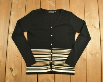 Vintage y2k Womens Black Stripy Knitted Cardigan Sweater / Vintage Cardigan / Button Up / 90s Cardigan / Striped