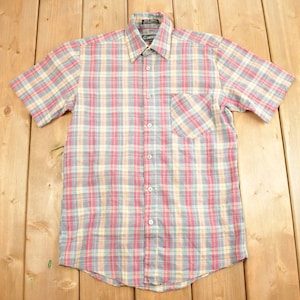 Vintage 1990s Townsly Plaid Short Sleeve Button Up Shirt / Woven Gingham / Plaid Pattern / Casual Shirt / Gingham Shirt