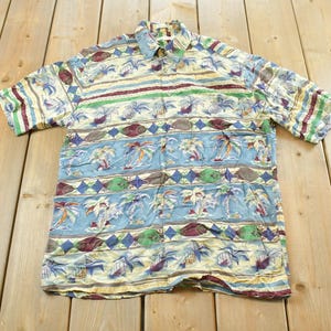 Vintage 1980s Pierre Cardin Striped Tropical Button Up Shirt Mens M / Vintage Button Down / 80s Rayon / Streetwear / Hawaiian
