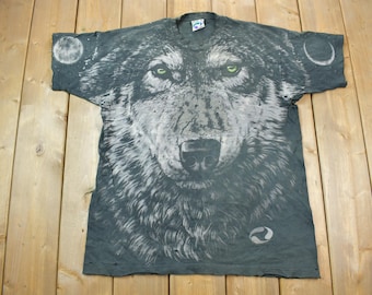 Vintage 1995 Grey Wolf Theme All Over Print Liquid Blue Graphic T-Shirt / Single Stitch / Made In USA / Nature T Shirt / Outdoorsman