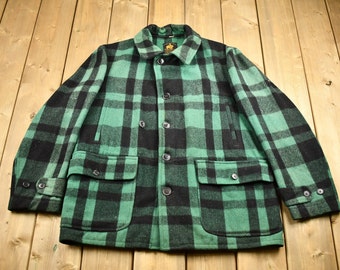 Vintage 1940s A Malone Coat Buffalo Plaid Wool Hunting Jacket / True Vintage / Rain Proofed / Green Plaid Jacket / 1940s Jacket / Button Up