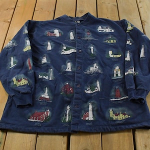 Vintage 1990s Art Unlimited Lighthouse Print Cardigan Sweater Men's XL / Vintage Cardigan / Button Up / Nautical Souvenir Destination