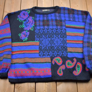 Vintage 1990s Gitano Knitted Sweater / Vintage 90s Crewneck / Pattern Sweater / Outdoor / Hand Knit / Pullover Sweatshirt
