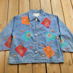 Vintage 1990s Tantrums Embroidered Jean Button Up Shirt / 1990s Button Up / Vintage Jean Shirt / Embroidered Button Up / Floral