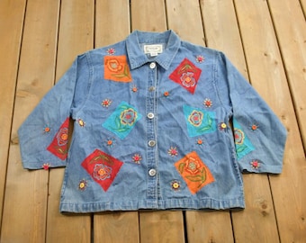 Vintage 90er Jahre Tantrums Besticktes Jeanshemd / 90er Jahre Hemd / Vintage Jeanshemd / 90er Jahre Tantrums Hemd / Besticktes Hemd mit Knöpfen / Blumenmuster