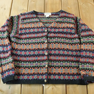 Vintage 1990s LL Bean Women&#39;s  Striped Cardigan Sweater / Vintage Cardigan / Button Up / Vintage LL Bean / All Over Print / Made In USA