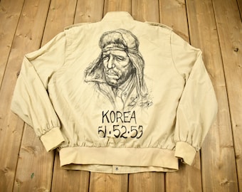Vintage 1980s Portrait Graphic Windbreaker Jacket / Korea / Sportswear / Streetwear / Athleisure / 1953 / Beige