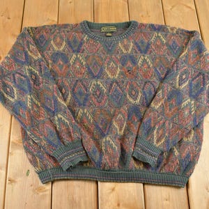 Vintage 1990s Croft And Barrow Knit Crewneck Sweater Men's XL / 90's Abstract Pattern 3D Knitted Sweatshirt