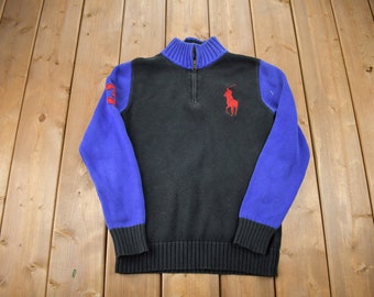 Vintage 1990-tals Ralph Lauren damstickad tröja med dragkedja / varm tröja / blank stickad / broderad / Polo / Ralph Lauren / färgblock