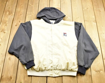 Vintage 1990s Fila Hooded Sweater Jacket / Brand Logo / Athletic Winter Sportswear / Streetwear Fashion / Vintage Athleisure