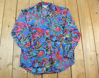 Vintage 1990s Art Deco Button Up Shirt / Vintage Christie And Jill Dress Shirt / Paisley Button Up / Artist Shirt / Preppy Button Up