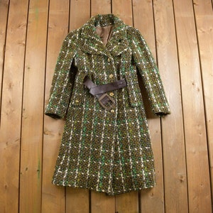 Vintage 1980s Woven Plaid Full Length Over Coat / Long Coat / Vintage Wool Coat / Streetwear / Women&#39;s Jacket / Formal