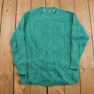 Vintage 1980s Mohair Cable Knit Crewneck Sweater / 80s Pullover / Teal / Sweatshirt / Turquoise