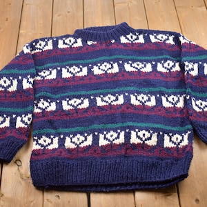 Vintage 1990s Rey Wear 100% Wool Handmade Knit Sweater / Vintage 90s Crewneck / Outdoorsman / Vintage Knit / Winter Sweatshirt / Abstract