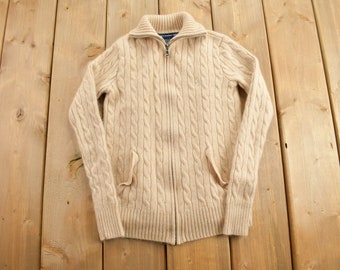 Vintage Hand Knit RALPH LAUREN Women 100% Worsted Wool Reindeer Sweater/zip  Cardigan Size Small 