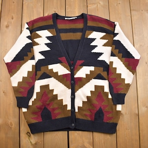 Vintage 1980s Adrienne Vittadini Woman Knitted Cardigan Sweater / Aztec Pattern / Abstract / Button Up / 80s Cardigan / Vintage Cardigan