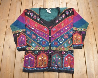 Vintage 1990s IVY Hand Knit Patchwork Cardigan Sweater / Vintage Cardigan / Button Up / Abstract Pattern / Embroidered