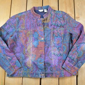 Vintage 1990er Jahre Chico Abstraktes Muster Trippy Jeansjacke Made In USA