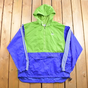 Vintage 1990s Adidas Three Stripes Half Zip Color Block Windbreaker Jacket / Kangaroo Pocket / Embroidered / Athleisure / Nylon Windbreaker