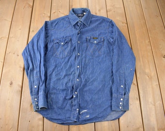 Vintage 1990s Wrangleer South Western Style Denim Pearl Snap Button Up Shirt Size M
