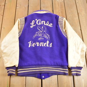 Vintage 1975 L&#39;Anes Hornets Chain Stitched Leather Varsity Jacket / Letterman Jacket / Made In USA / Purple & White / Ripon